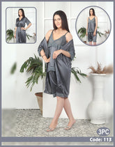 3 Pcs Silk Nighty Set With Gown - 113